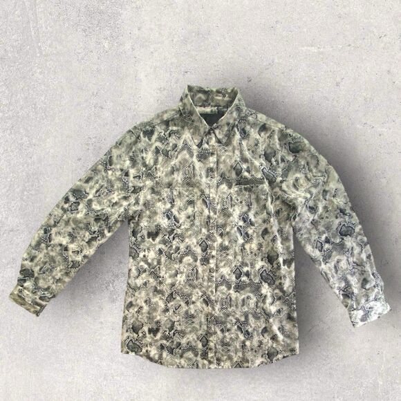 Kardashian Kollection Python Snakeskin Button Up Shirt Blouse Top L Roll Tab - Picture 1 of 6